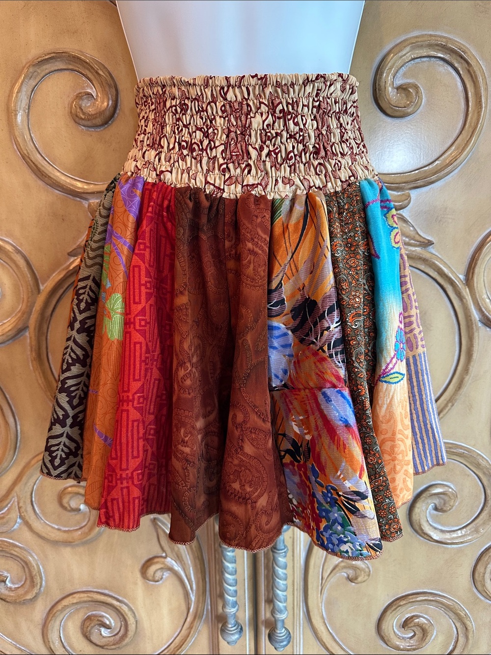 Multicolor Boho Patchwork Smocked Mini Skirt